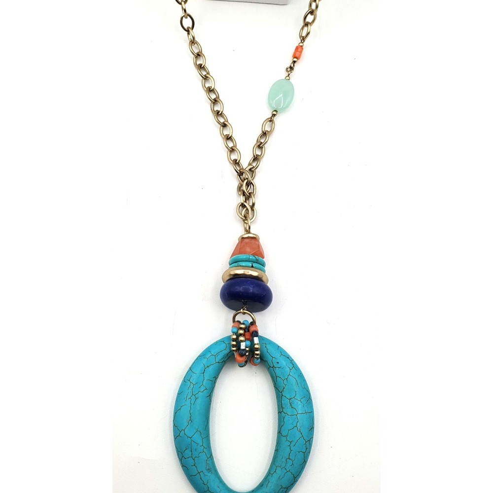 Chico's 40" Statement Necklace Large Blue Oval Pendant Mixed Beads Gold Tone